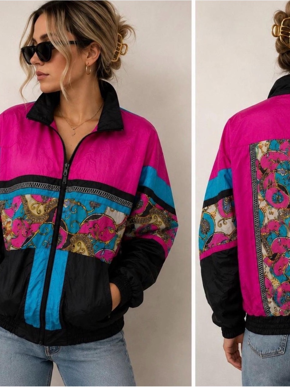 Vintage Finish Line Magenta & Turquoise Colorblock Bomber Jacket